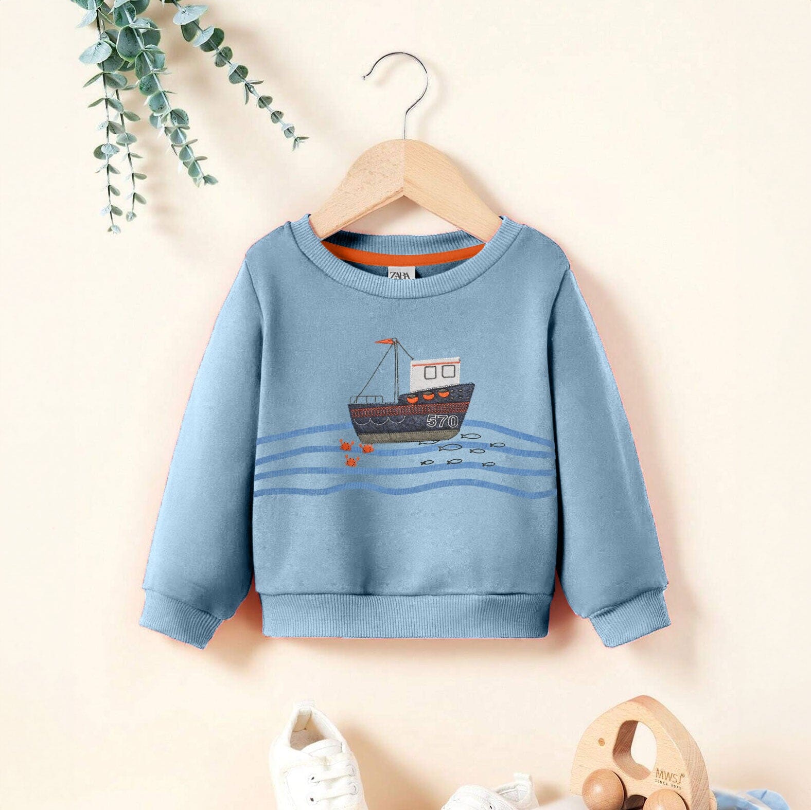 Kid's Applique Boat Fleece Sweat Shirt Kid's Sweat Shirt SNR Sky 6-9 Months 