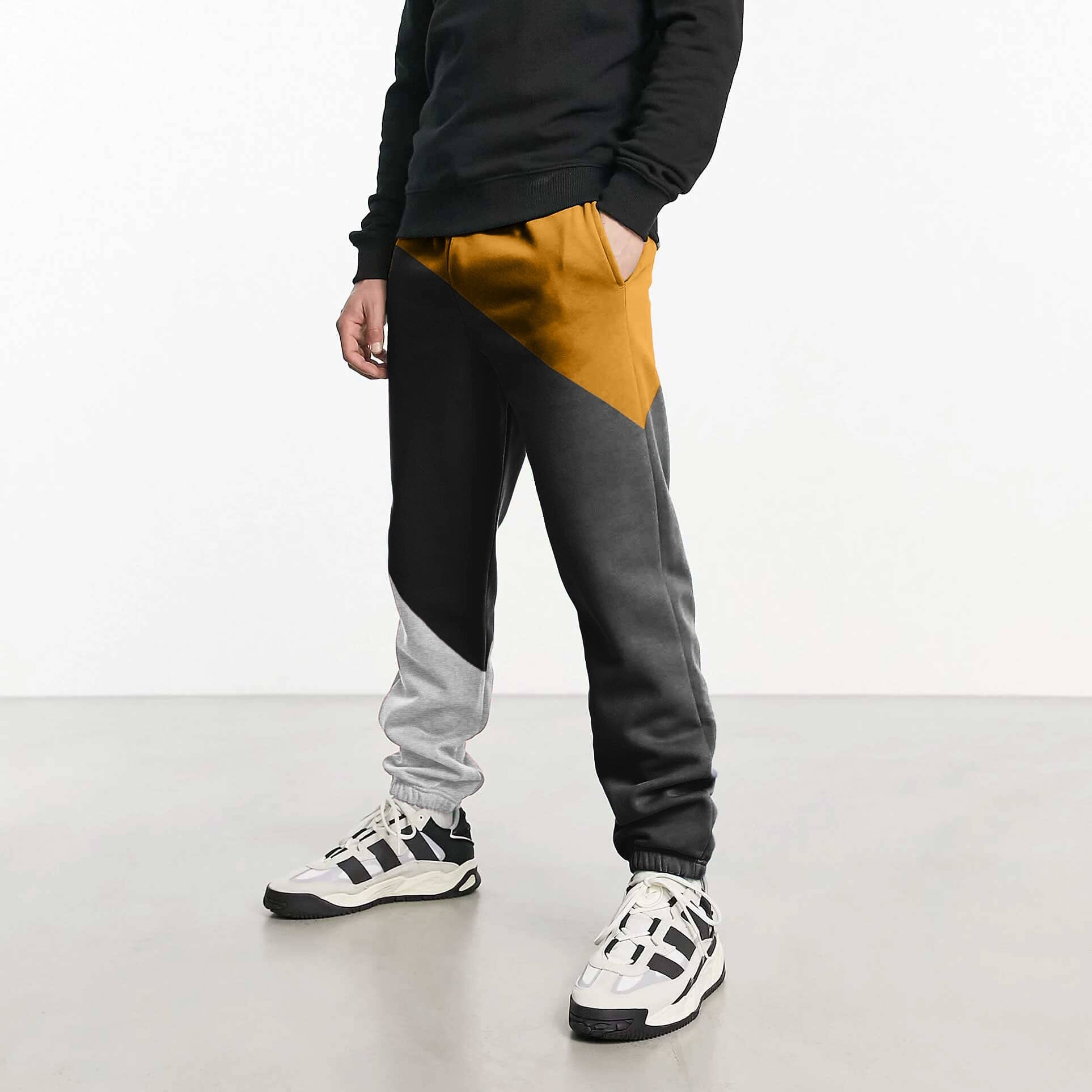 MAX 21 Men's Contrast Design Betim Sweat Pants Men's Trousers SZK Black & Mustard S 