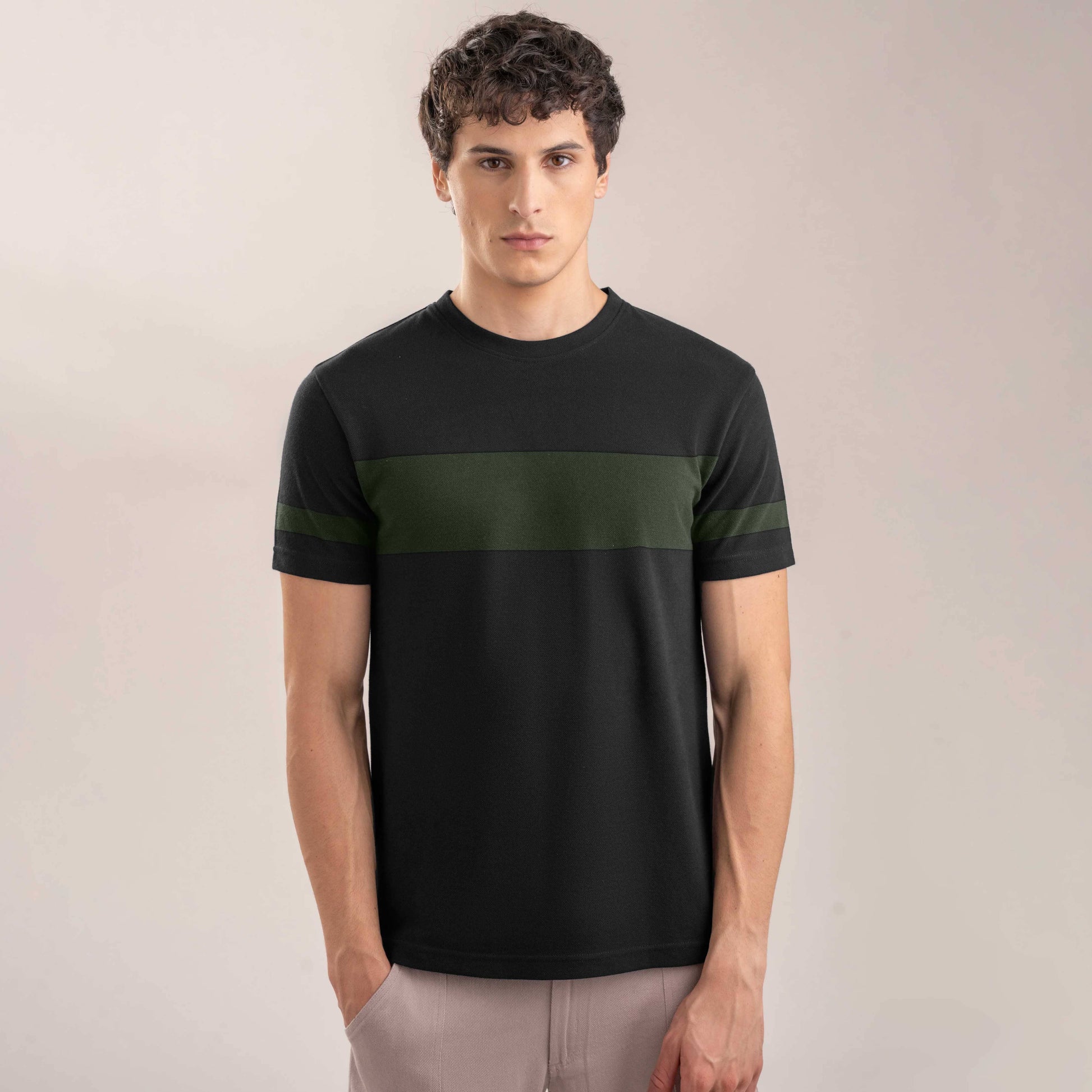 Men's Contrast Style Sleeves Classic Crew Neck Tee Shirt Men's Tee Shirt IBT Black & Bottle Green S 