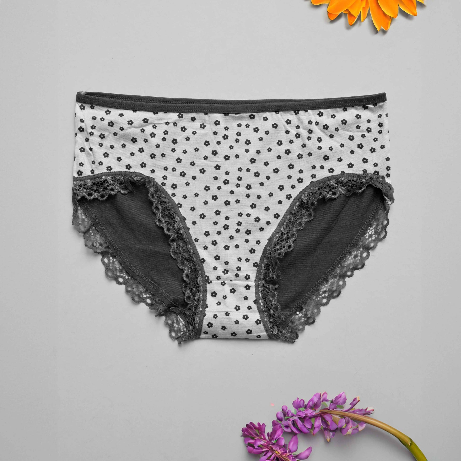 Women's Lace Design Floral Printed Hipster Boxer Women's Panties SRL White & Black 28-32 