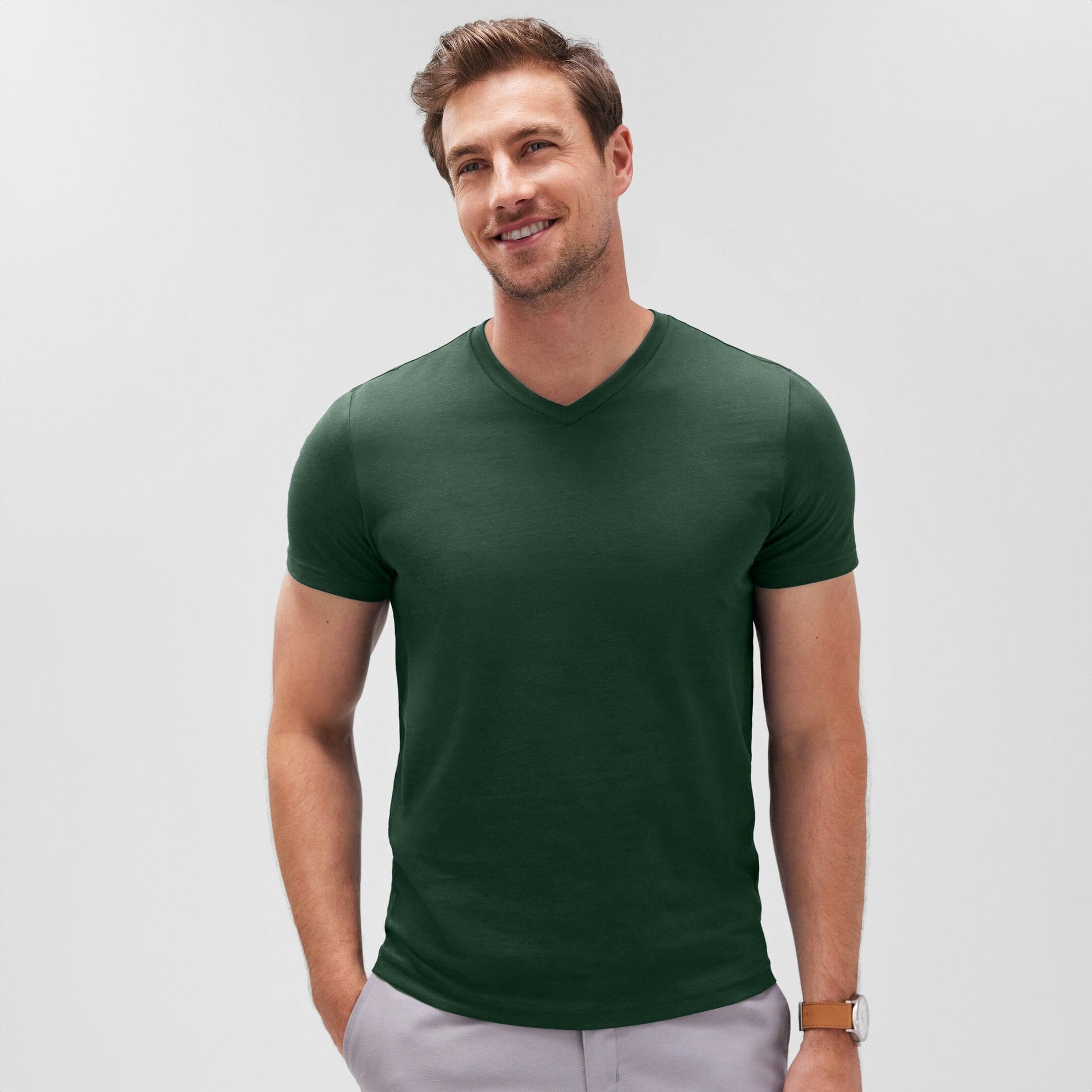 LE Men's V-Neck Tee: 100% BCI Combed Cotton Elegance Men's Tee Shirt Image Green S 