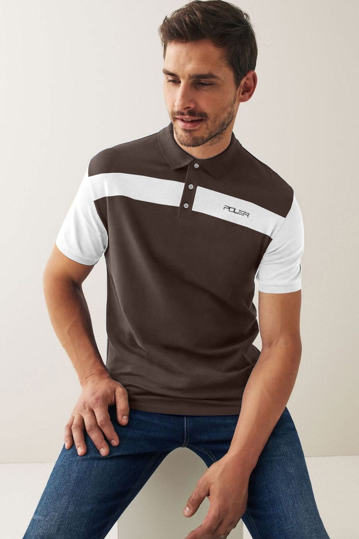 Poler Men's Graz Contrast Panel Short Sleeve Polo Shirt Men's Polo Shirt IBT Brown & White S 