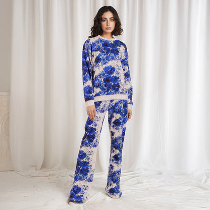 East West Women's Blue Flower Digital Printed Terry Co-Ord Set Women's Co Ord Set East West Blue Flower S 