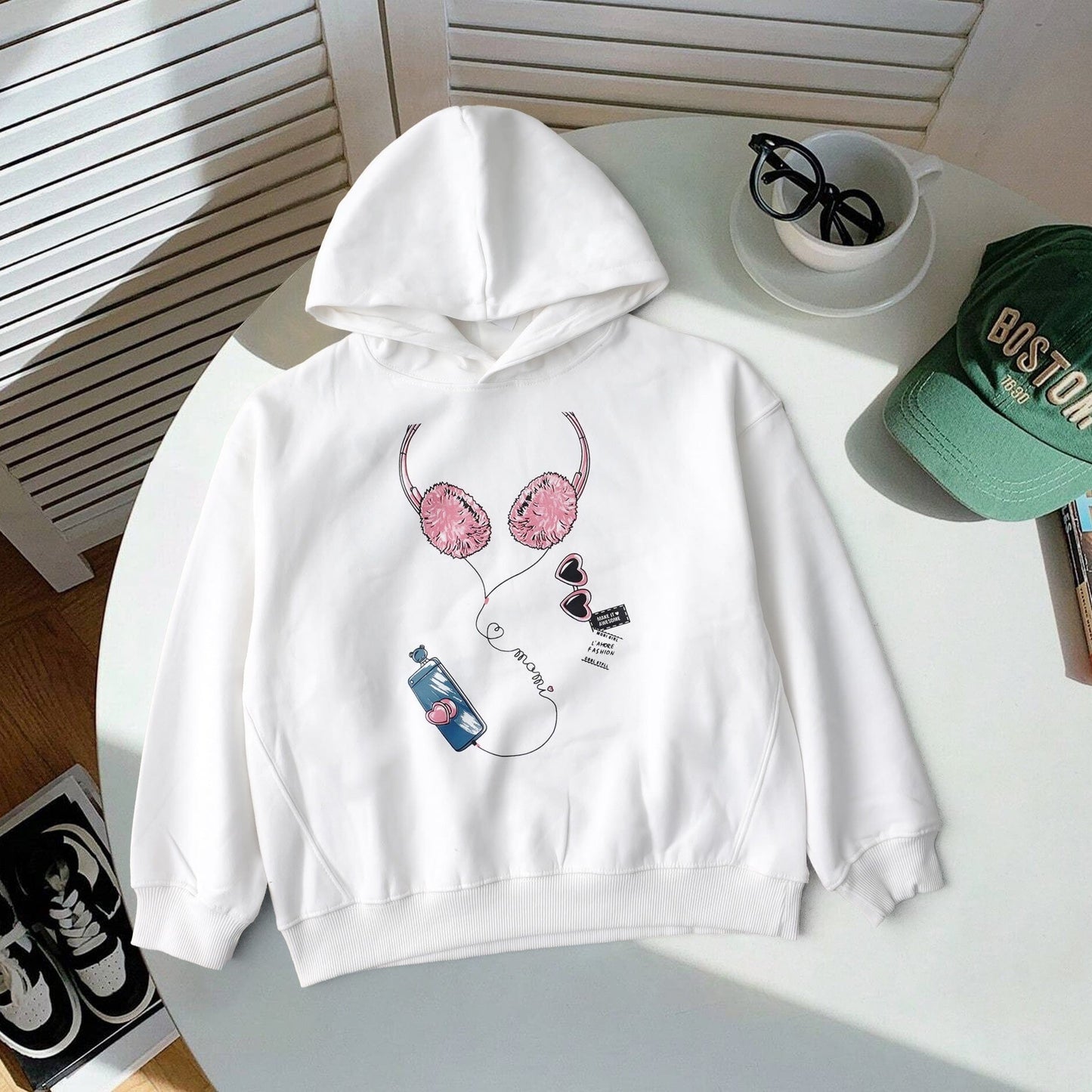 Code Girl's Headphone Printed Fleece Pullover Hoodie Girl's Pullover Hoodie SZK Off White 5-6 Years 