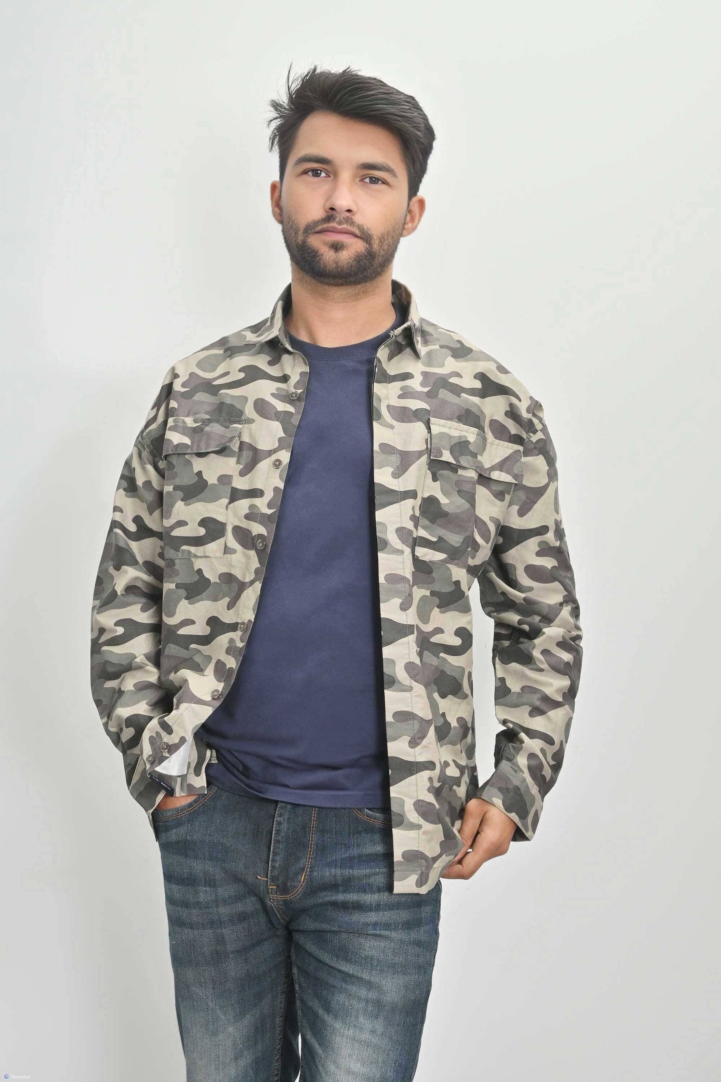 Men's Camo Printed Chest Pocket Design Long Sleeves Casual Shirt