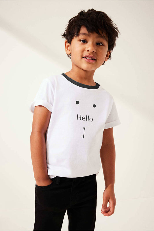 Polo Republica Kid's Hello Printed Contrast Neck Tee Shirt Kid's Tee Shirt Polo Republica White & Black 2-3 Years 