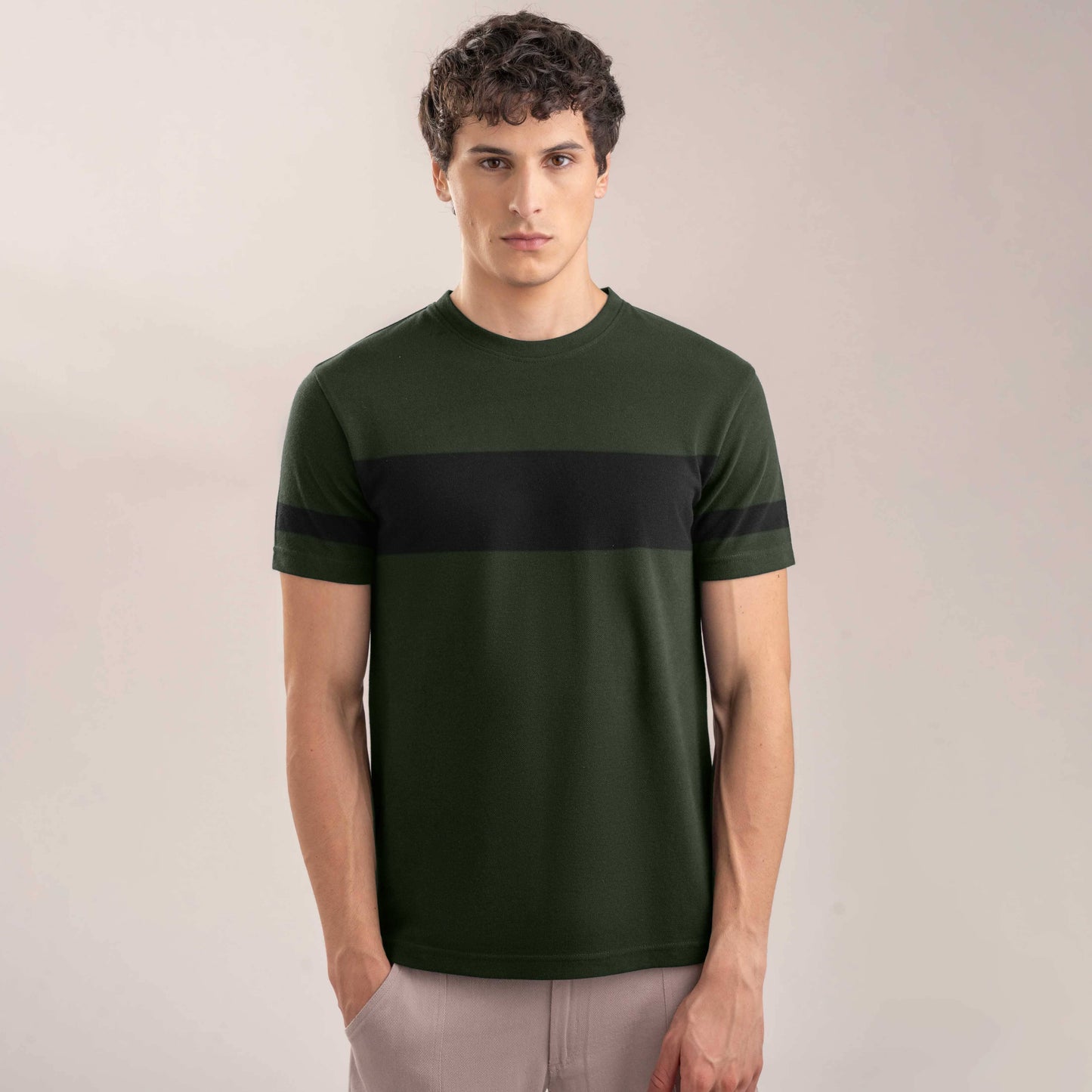 Men's Contrast Style Sleeves Classic Crew Neck Tee Shirt Men's Tee Shirt IBT Bottle Green & Black S 