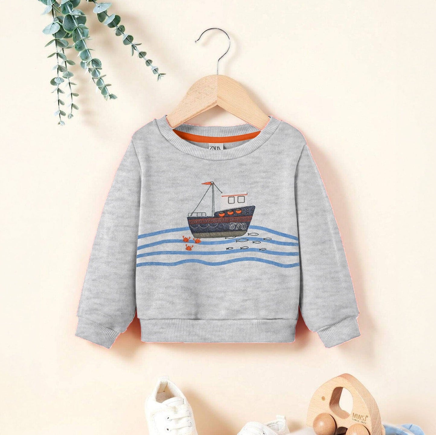 Kid's Applique Boat Minor Fault Fleece Sweat Shirt Kid's Sweat Shirt SNR Heather Grey 6-9 Months 