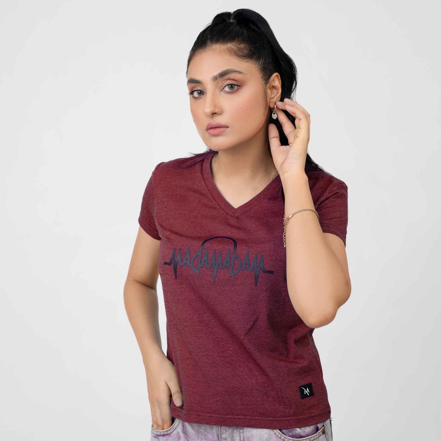 Madamadam Embellish Logo Women's V Neck Tee Shirt Women's Tee Shirt MADAMADAM Maroon S 