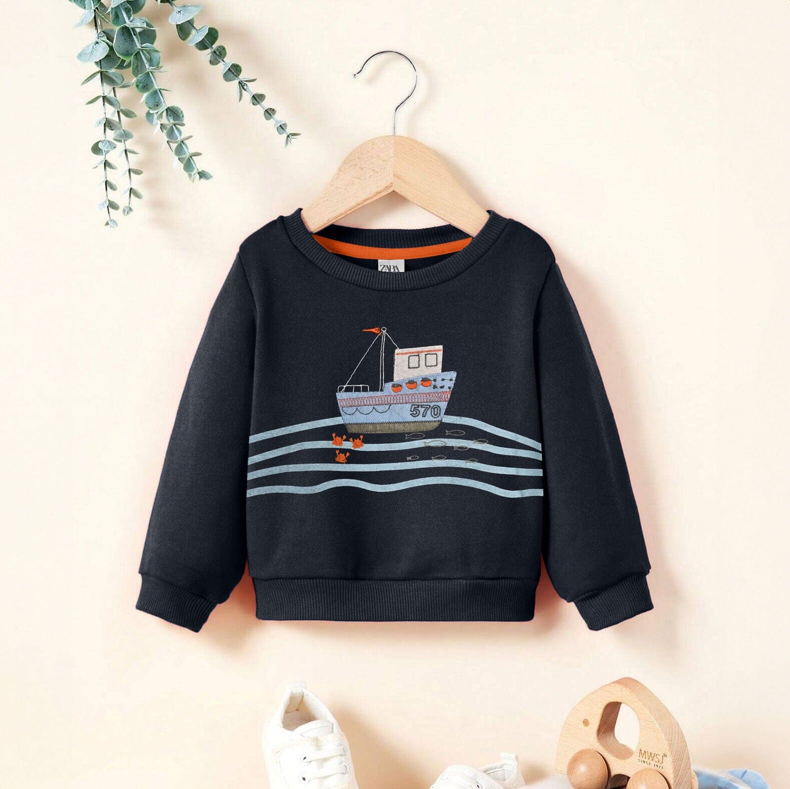 Kid's Applique Boat Fleece Sweat Shirt Kid's Sweat Shirt SNR Navy 6-9 Months 