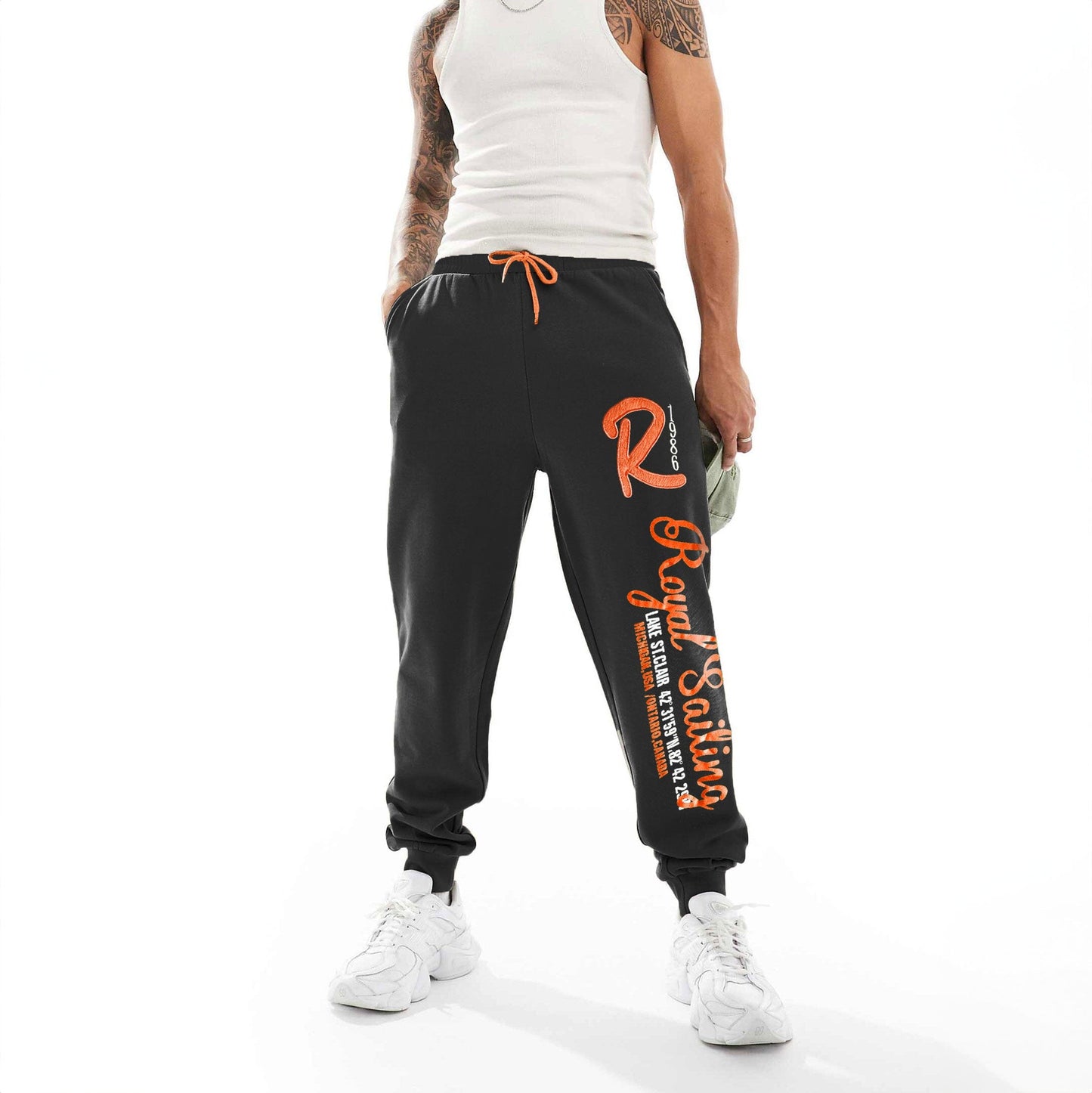 RMK Men's Royal Sailing Printed Fleece Jogger Pants Men's Jogger Pants SZK Black & Orange 4XL 