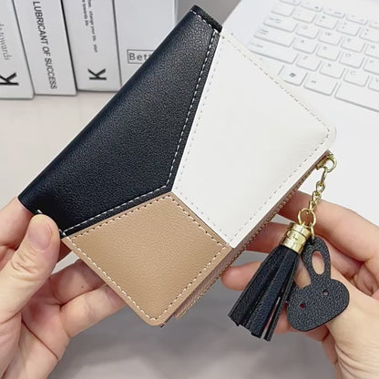 Women's Fashion Stitching Contrast Color Wallet Tassel Zipper Coin Purse