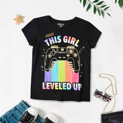 Le Printemps Girl's Leveled Up Printed Classic Tee Shirt Men's Tee Shirt SNC Black Princess 4 Years