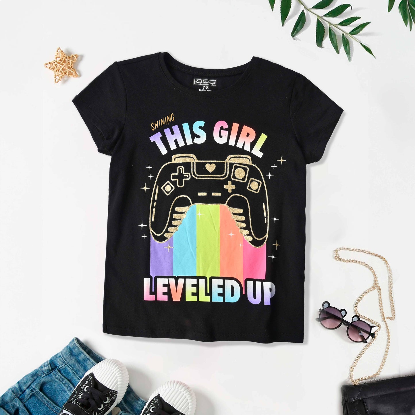 Le Printemps Girl's Leveled Up Printed Classic Tee Shirt Men's Tee Shirt SNC Black Shining 4 Years