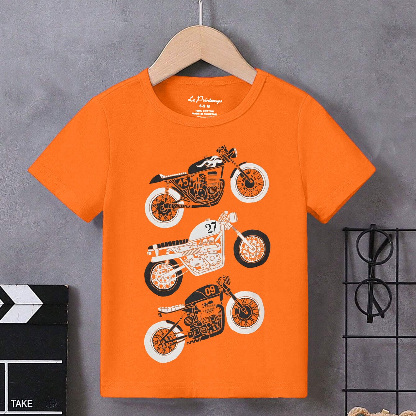 Le Printemps Boy's Motorbike Printed Tee Shirt Boy's Tee Shirt Athar Traders Orange XS(4 Years) 