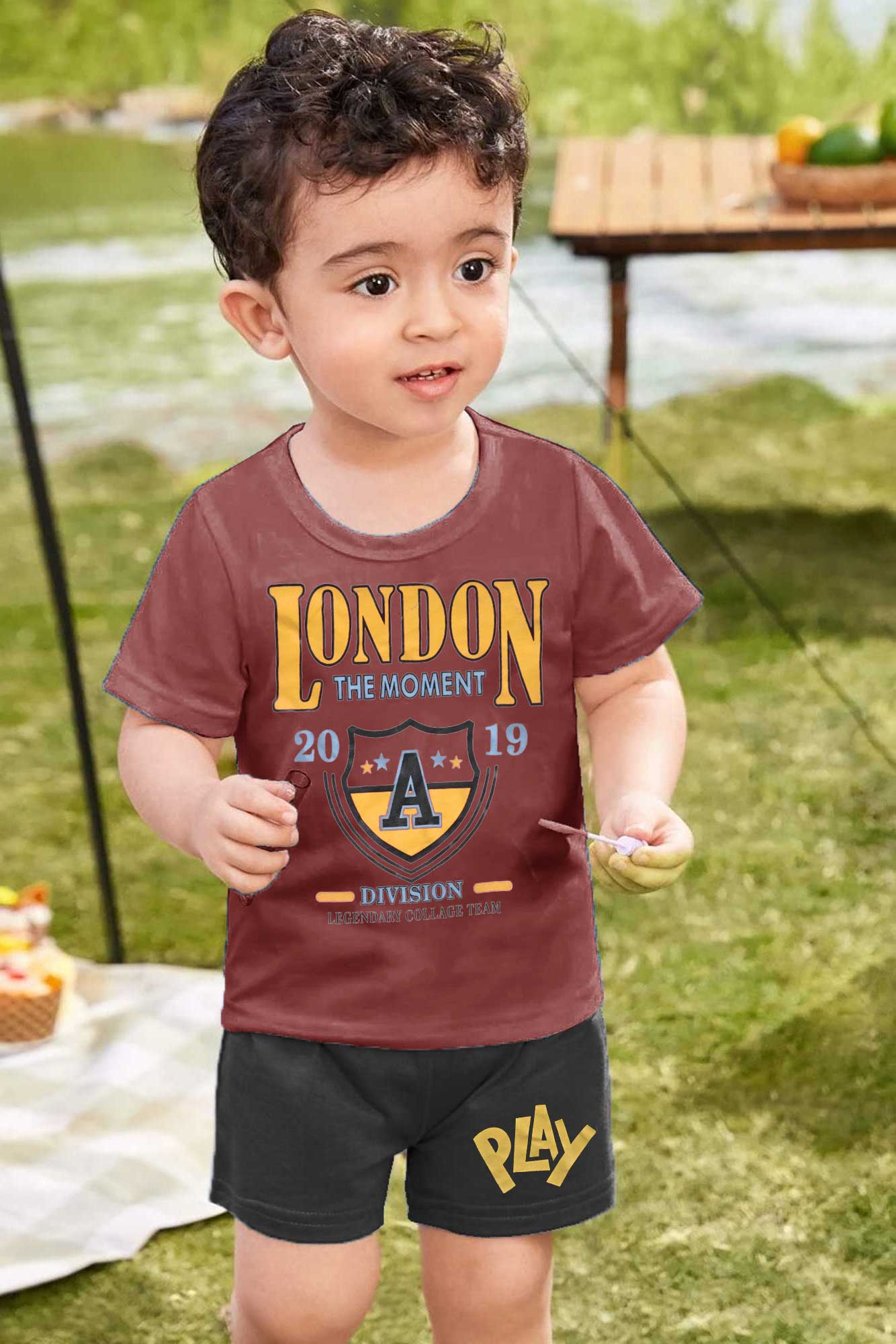 Mini Mark Kid's The Moment Printed Short Sleeve Tee Shirt Boy's Tee Shirt KMG Burgundy 1 Years 