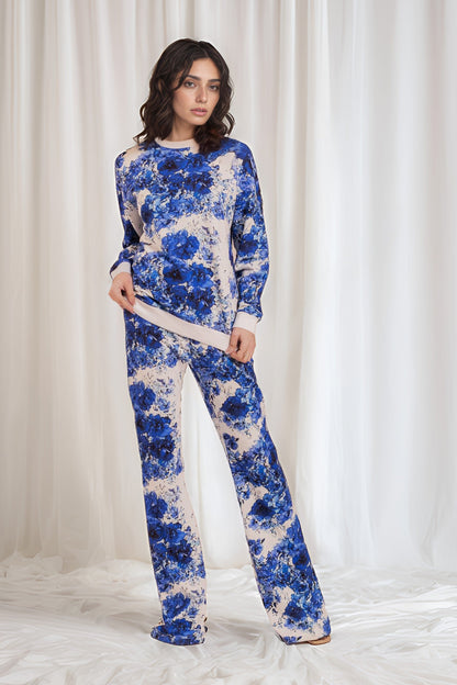 East West Women's Blue Flower Digital Printed Terry Co-Ord Set Women's Co Ord Set East West 