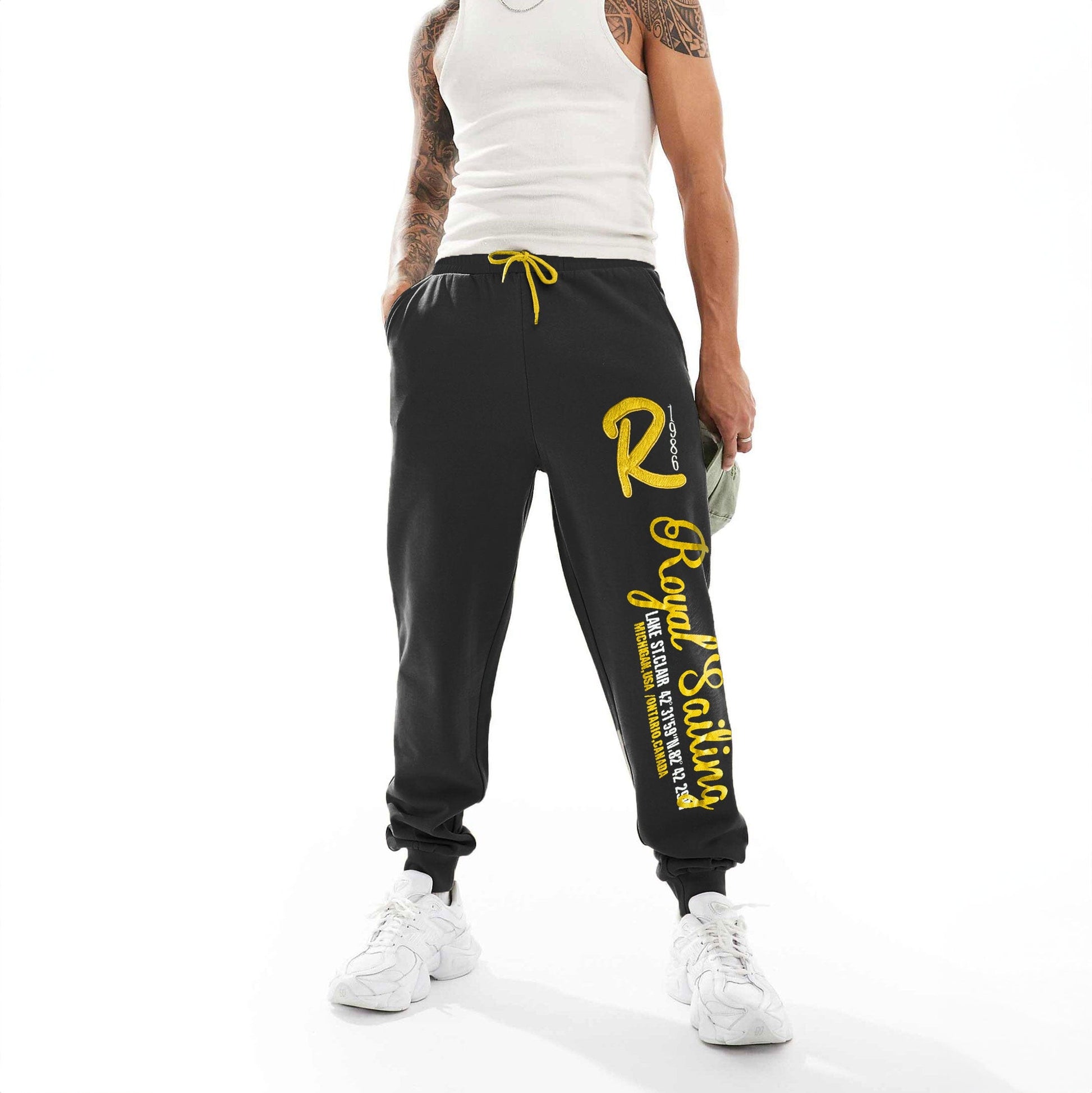 RMK Men's Royal Sailing Printed Fleece Jogger Pants Men's Jogger Pants SZK Black & Yellow 4XL 