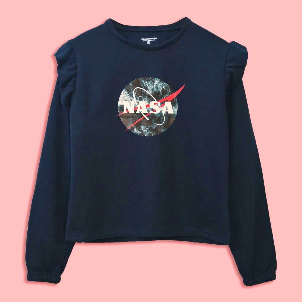 Polo Republica Women's Frill Shoulder Nasa Printed Fleece Sweatshirt Women's Sweat Shirt Polo Republica Navy XS 