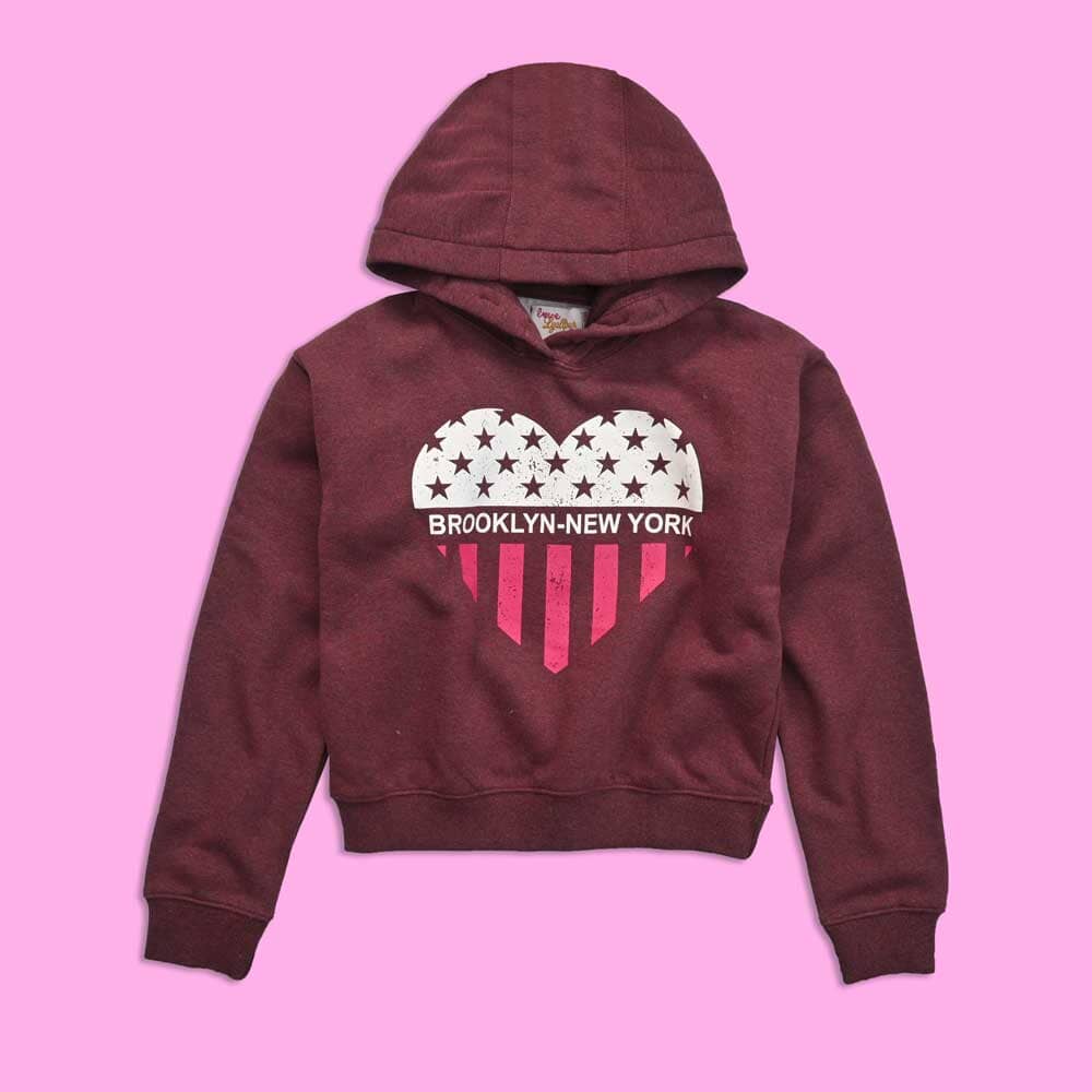 Girl's Love Lyallpur Heart Brooklyn Printed Fleece Hoodie Girl's Pullover Hoodie LFS Burgundy & White 8-10 Years 