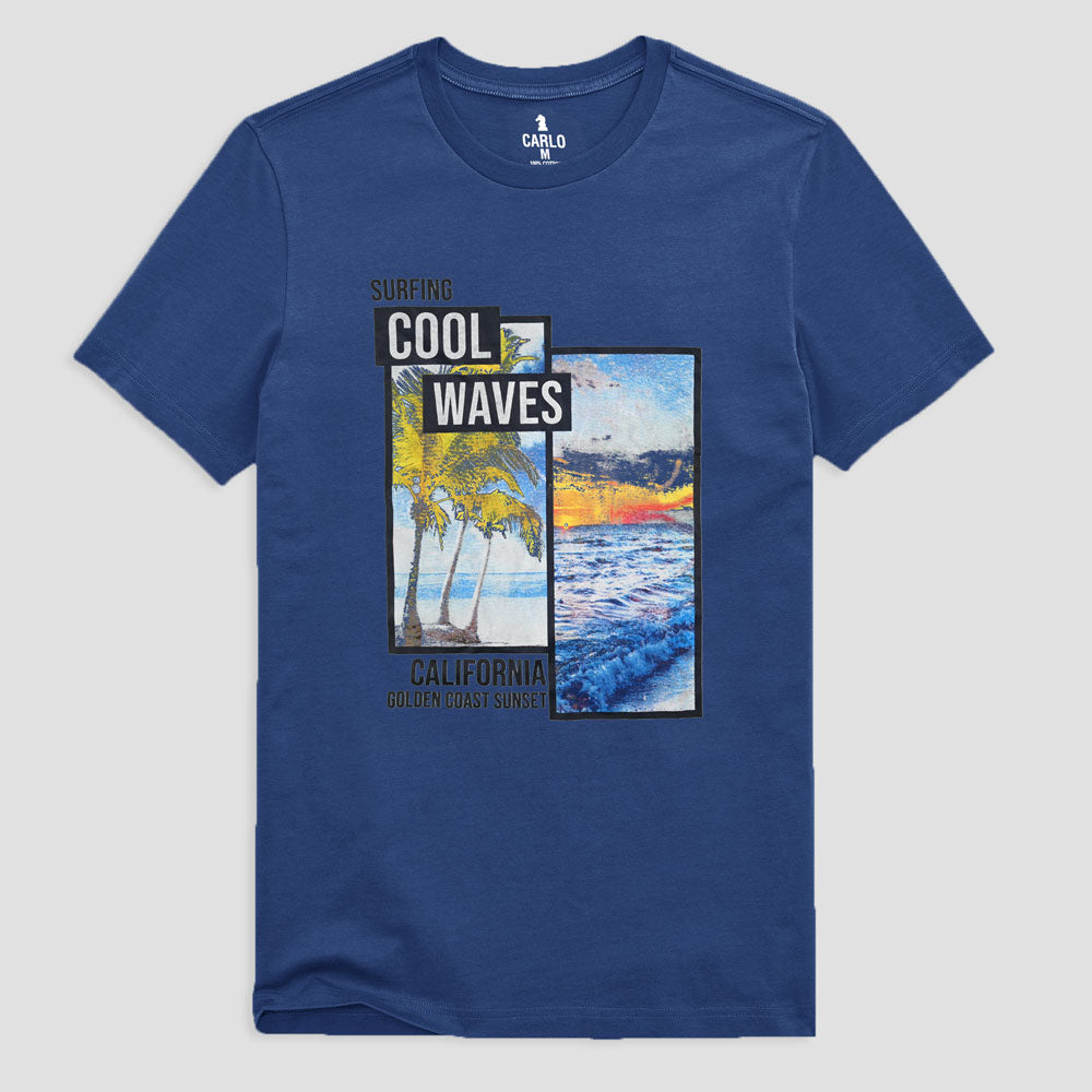 Carlo Men's Surfing Cool Waves Printed Crew Neck Tee Shirt Men's Tee Shirt RAT Navy S 