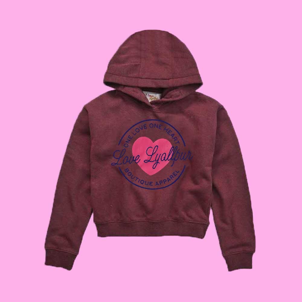 Girl's Love Lyallpur Heart Printed Fleece Hoodie Girl's Pullover Hoodie LFS Burgundy & Blue 8-10 Years 