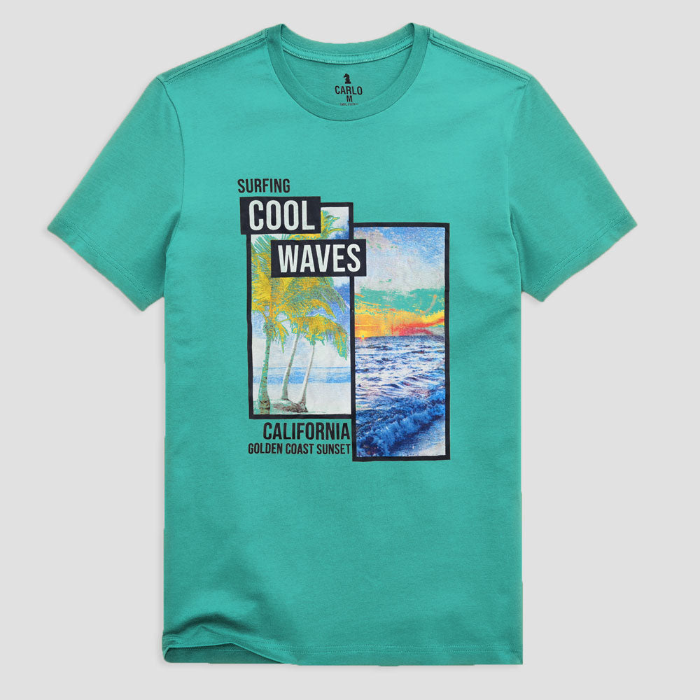 Carlo Men's Surfing Cool Waves Printed Crew Neck Tee Shirt Men's Tee Shirt RAT Blue S 