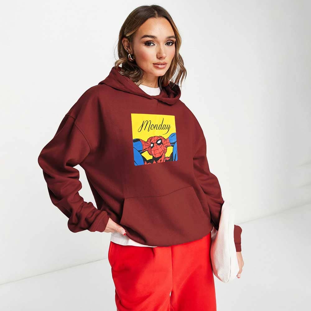 Safina Women's Monday Spider-Man Printed Oversized Fleece Pullover Hoodie Women's Pullover Hoodie Safina 