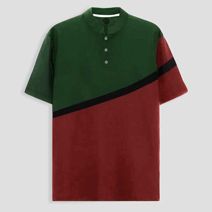 Poler Men's Huesca Contrast Panel Mandarin Collar Polo Shirt Men's Polo Shirt IBT Maroon & Bottle Green S 