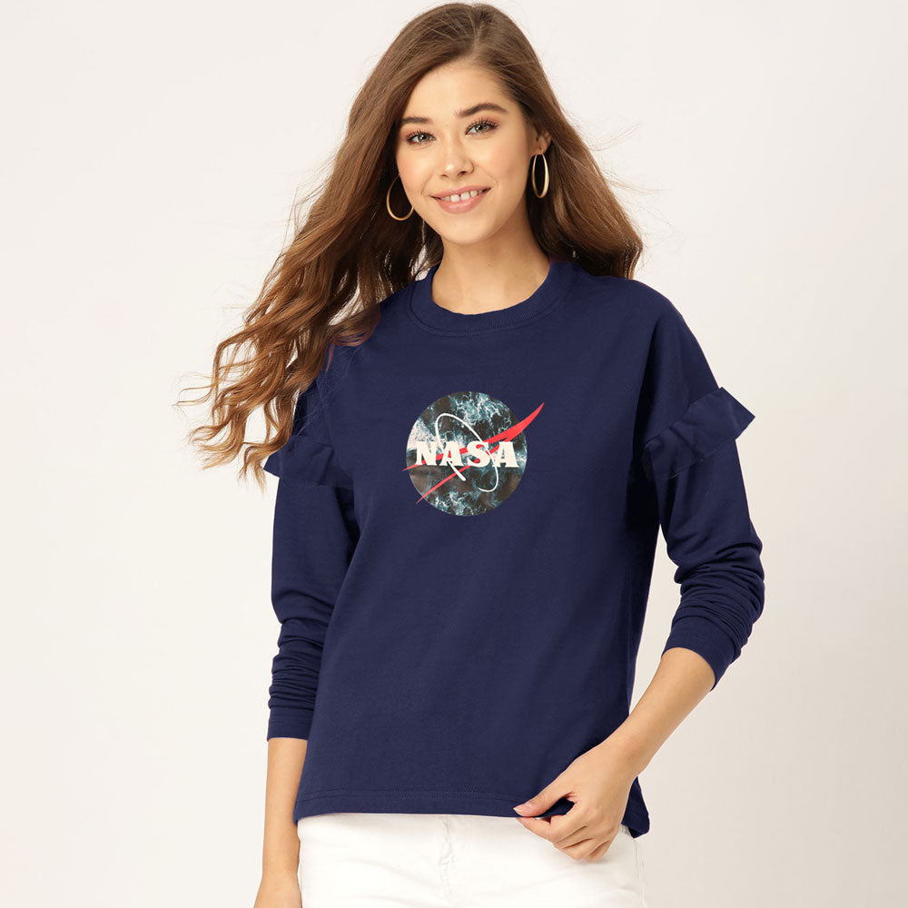 Polo Republica Women's Frill Shoulder Nasa Printed Fleece Sweatshirt Women's Sweat Shirt Polo Republica 