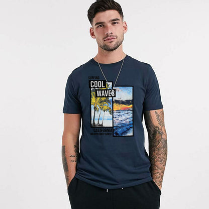 Carlo Men's Surfing Cool Waves Printed Crew Neck Tee Shirt Men's Tee Shirt RAT 