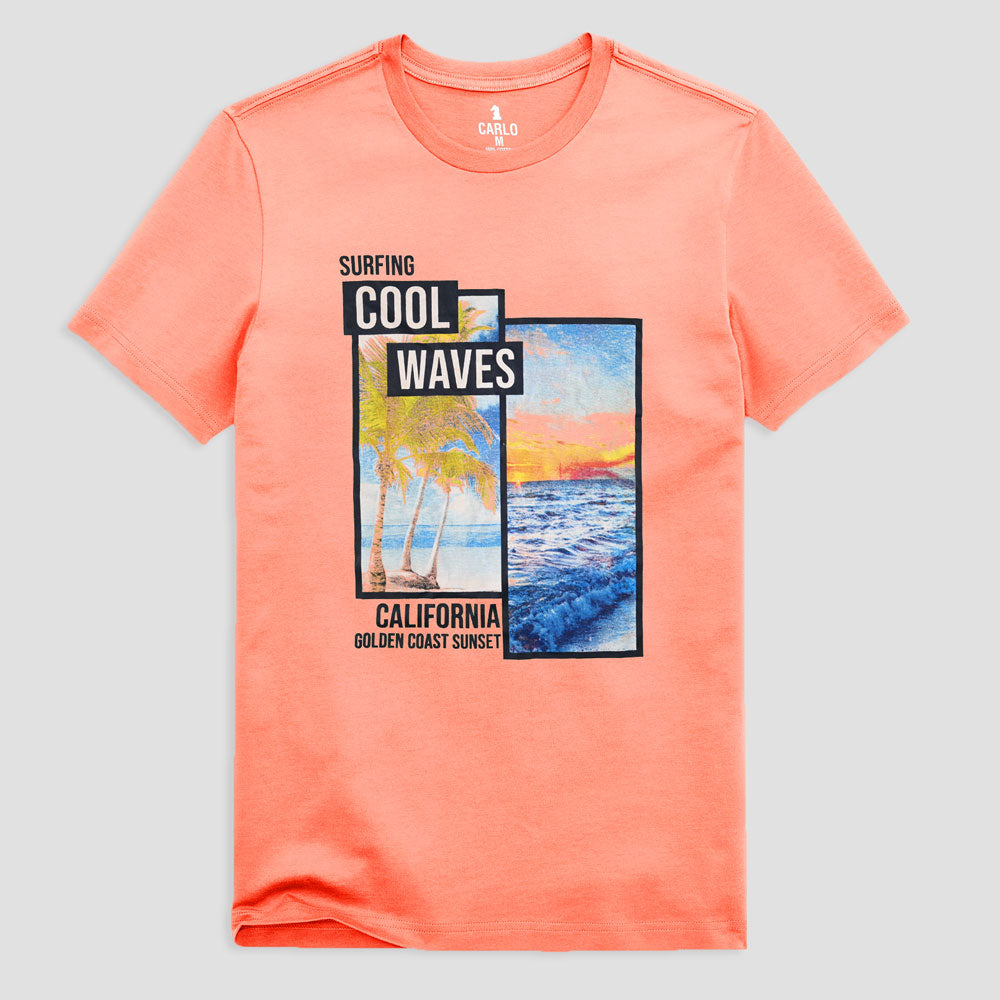 Carlo Men's Surfing Cool Waves Printed Crew Neck Tee Shirt Men's Tee Shirt RAT Dark Peach S 