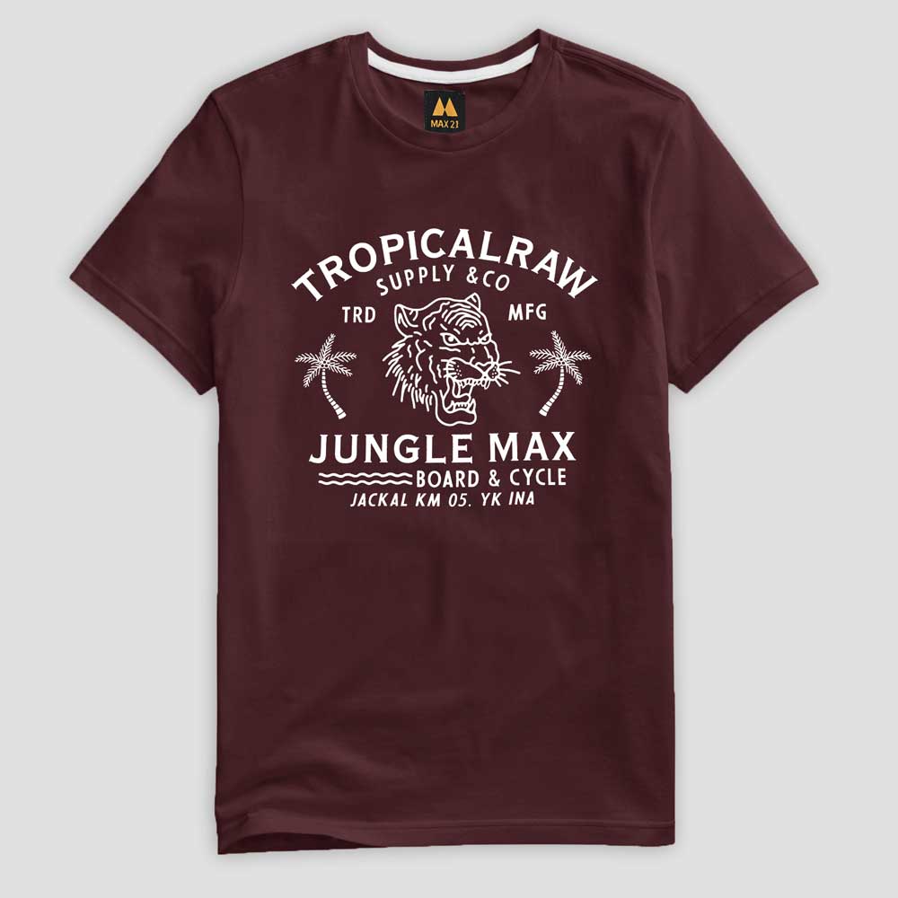 Max 21 Men's Tropical Raw Tiger Printed Crew Neck Tee Shirt Men's Tee Shirt SZK Maroon S 