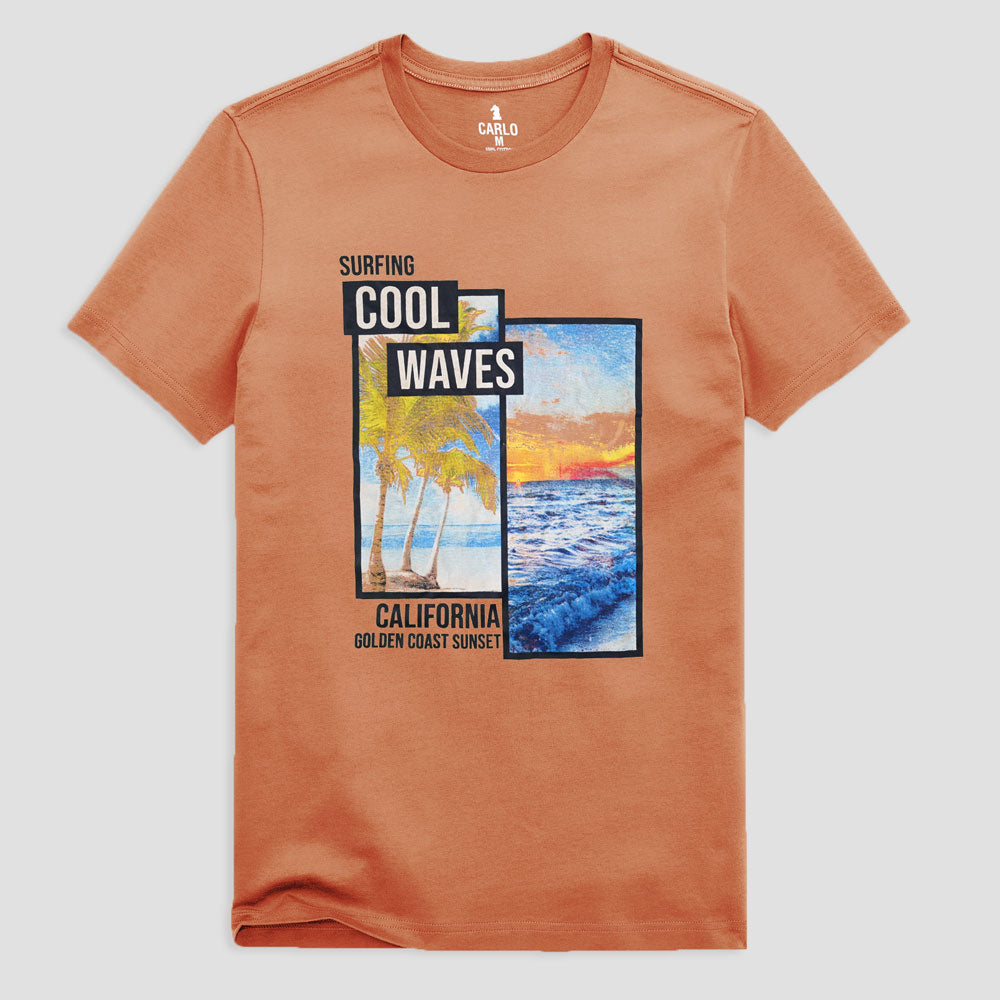 Carlo Men's Surfing Cool Waves Printed Crew Neck Tee Shirt Men's Tee Shirt RAT Orange S 