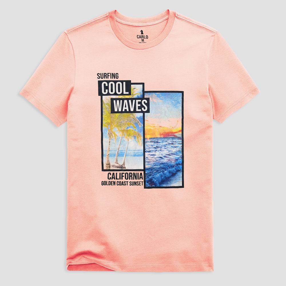 Carlo Men's Surfing Cool Waves Printed Crew Neck Tee Shirt Men's Tee Shirt RAT Peach S 