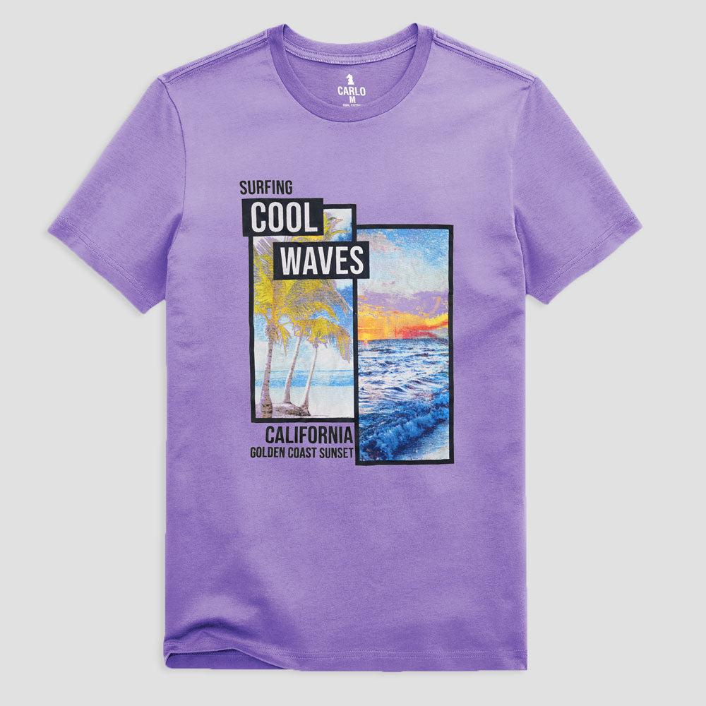 Carlo Men's Surfing Cool Waves Printed Crew Neck Tee Shirt Men's Tee Shirt RAT Purple S 