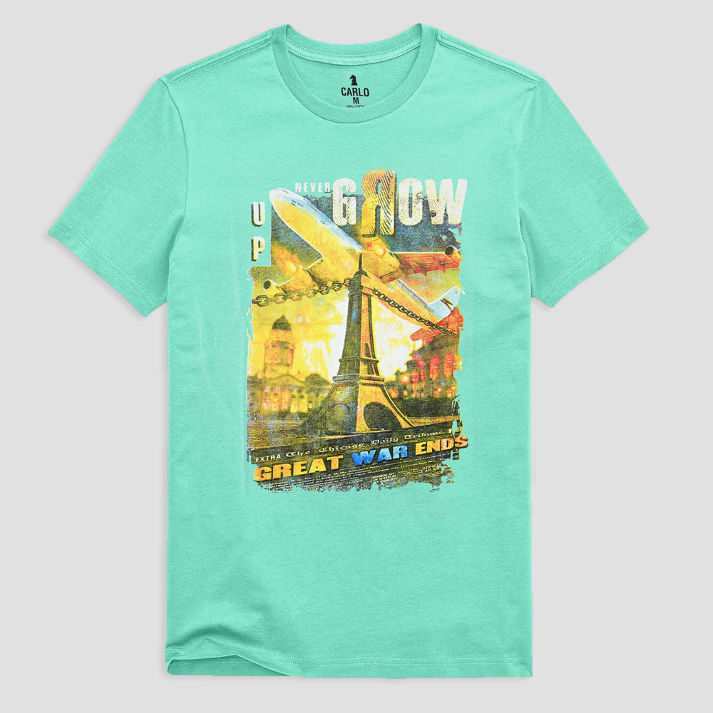 Carlo Men's Never Grow Up Printed Crew Neck Tee Shirt Men's Tee Shirt RAT Turquoise S 